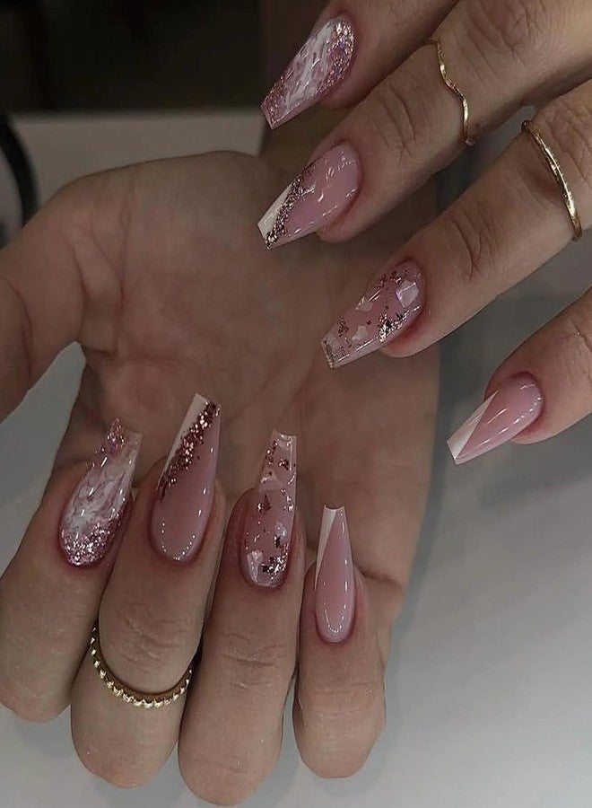 MISUD Press on Nails - Long Coffin Fake Nails with White Ombre, Acrylic Bling Glitter Design 24 pcs - Image 1